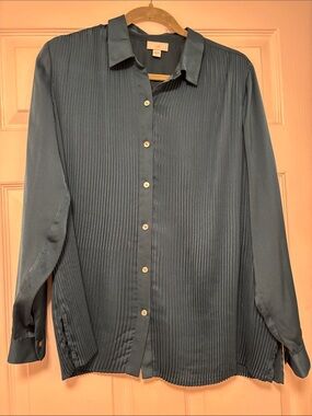 J. Crew women’s Teal  Pleated Long-Sleeve Button-Up tunic